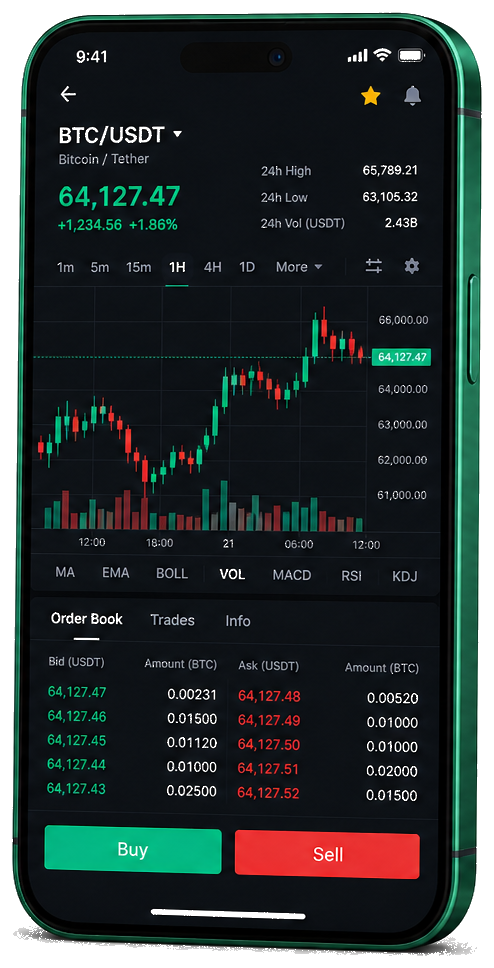 Application mobile Zygenovar Eltharique — graphique BTC/USDT en direct, carnet d’ordres et outils de trading